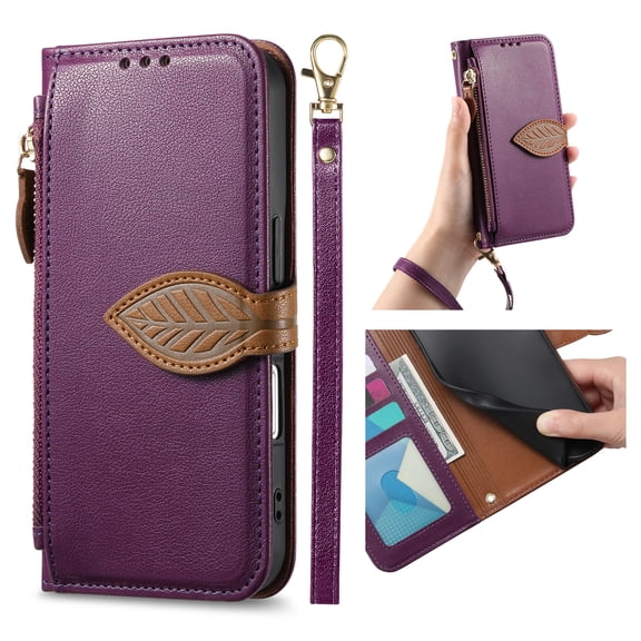 For iPhone 16e Flip Wallet Phone Case,With Shoulder Strap&Wrist Strap,Flip Fold Kickstand,With Card Slots,Zipper Pocket,Leaf Magnetic Closure,Shockproof Anti-fall Phone Case,Purple