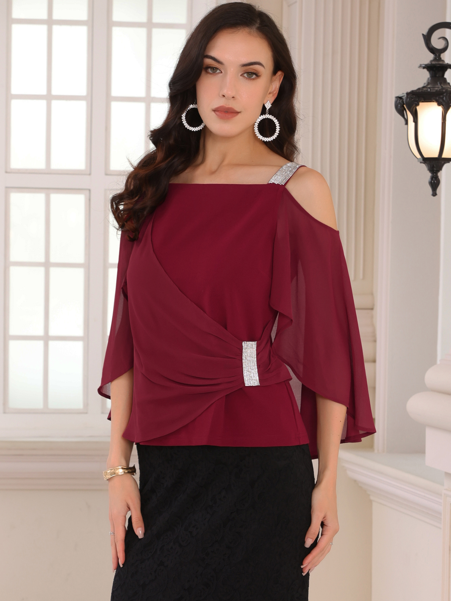DARING DIVA Women's Cold Shoulder Sparkle Rhinestone Straps Blouse M Wine Red