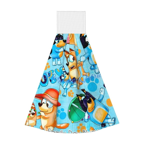 Zofaai Bluey Pattern Coral Fleece Velcro Hand Towel, Hanging Absorbent Towel Suitable for Kitchen and Bathroom