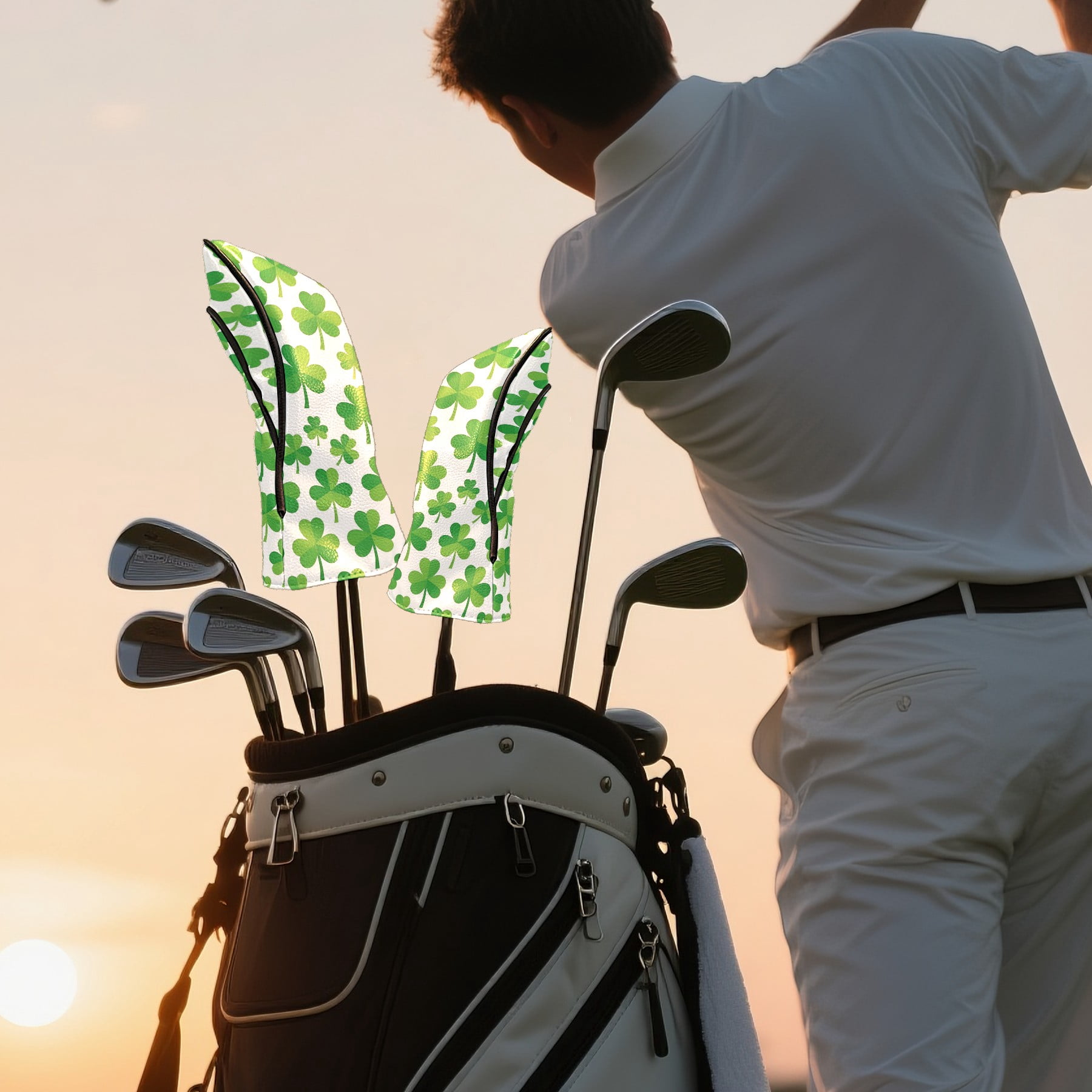Golf Club Covers, Green Clover Premium PU Leather Driver Hybrid Putter Head Covers with Velvet Lining, Waterproof Golf Gifts for Men Women