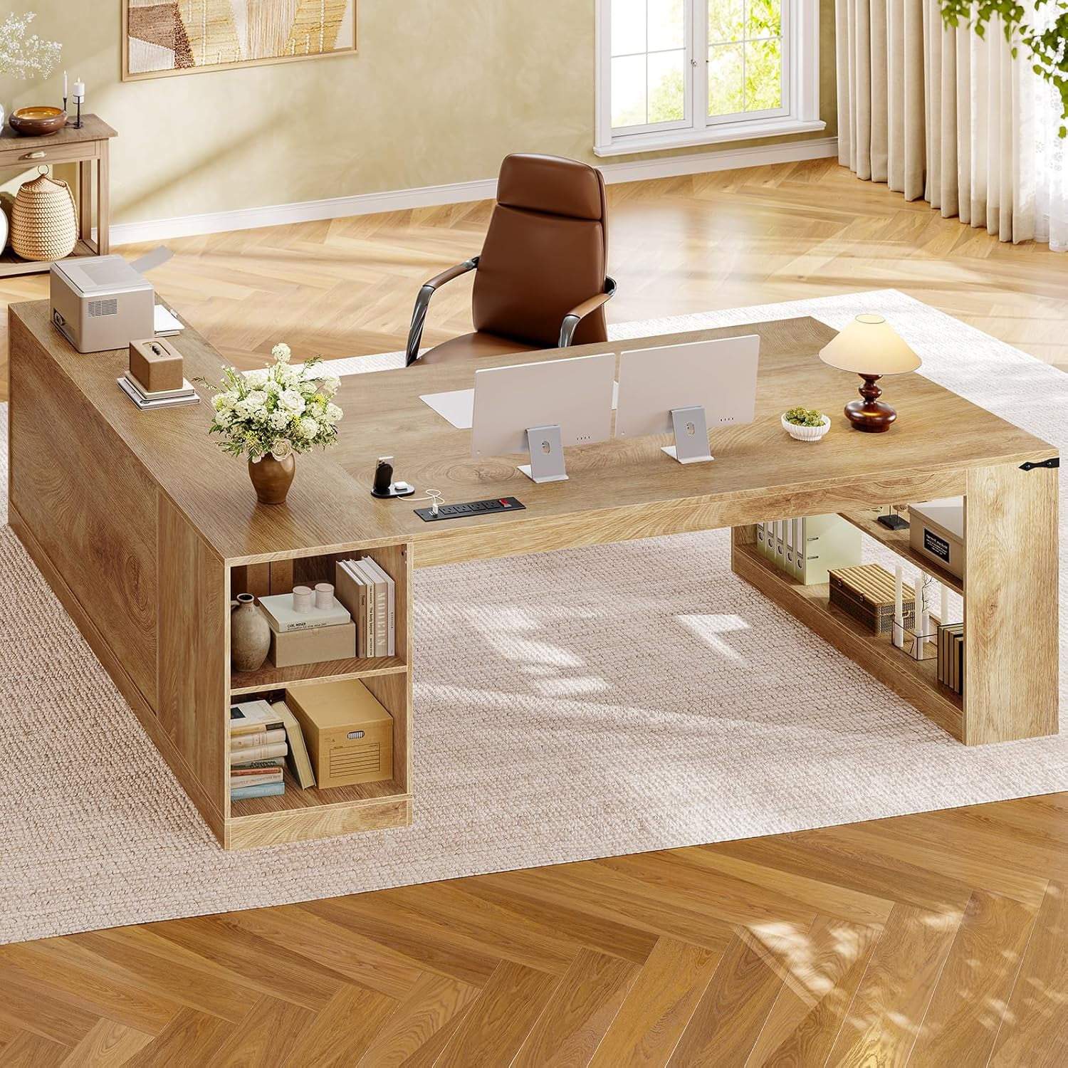 71" Executive Desk, L Shaped Computer Desk with Power Outlets, Modern Corner Desk with Storage Shelves & Lateral File Cabinet, Business Furniture Workstation, Oak