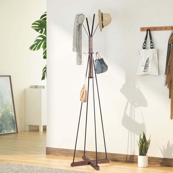 Lisonu Rustic Freestanding Coat Rack, 71-inch Tall Hall Tree with 8 Stainless Steel Hooks, Stable Reclaimed Wood Base, Entryway Coat Stand for Hats and Bags, Natural Finish