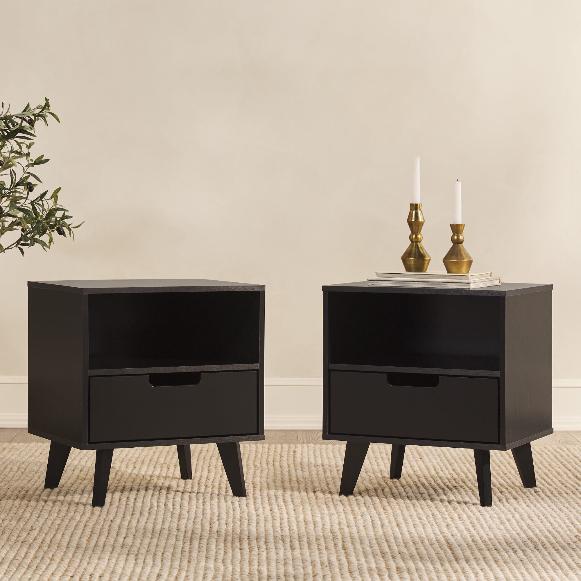 Walker Edison Mid-Century Modern 1-Drawer Angle-Leg Nightstand, 2 Pack, Black