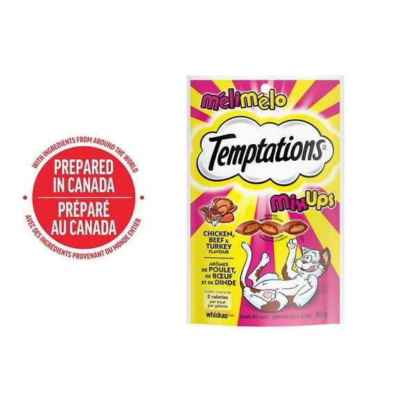 Gâteries pour chats Temptations Mélimélo arômes de poulet, de bœuf et de dinde, tendres à l'intérieur, croquantes à l'extérieur