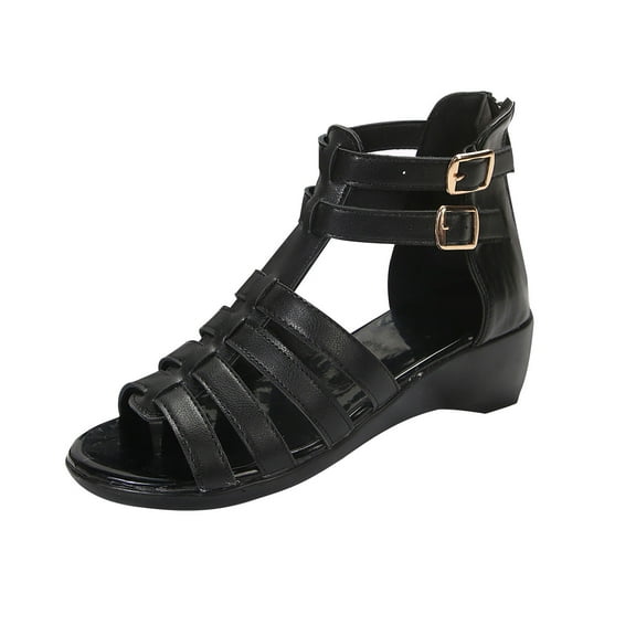 Xfvqtps Gladiator Sandals for Women Wedges Low Heel Back Zipper Strappy Open Toe Buckle Decoration Dressy Beach Summer Roman Sandals Black