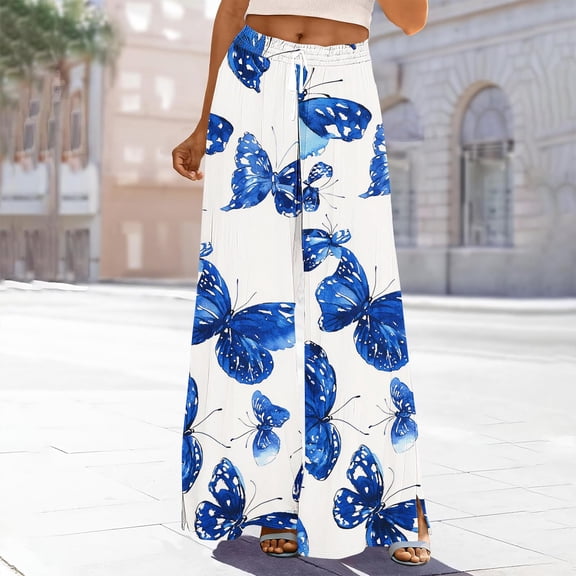 Xdegoge Flowy Wide Leg Trousers for Women Elastic High Waist Drawstring Graphic Butterfly Print Side Slit Lightweight Casual Boho Vacation Pants