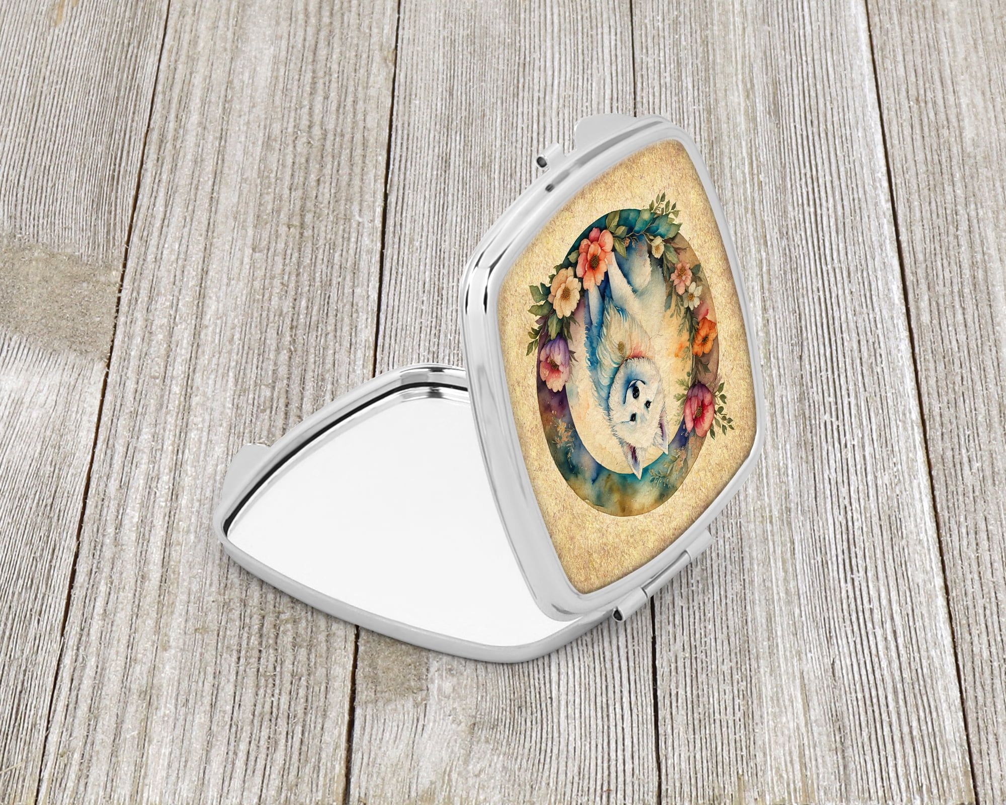 American Eskimo and Flowers Compact Mirror 2.75 in x 3 in
