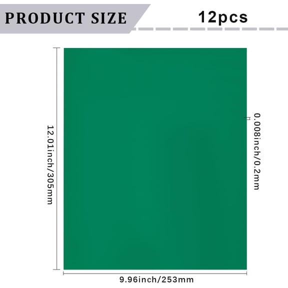 12Pcs Green Iron on Vinyl Sheets Heat Transfer Sheets Vinyl PVC 12 x 10 Inch Rectangle Sublimation Ink HTV Pack Accessories for T Shirts Hats Bags Clothing DIY Making Crafting Decoration
