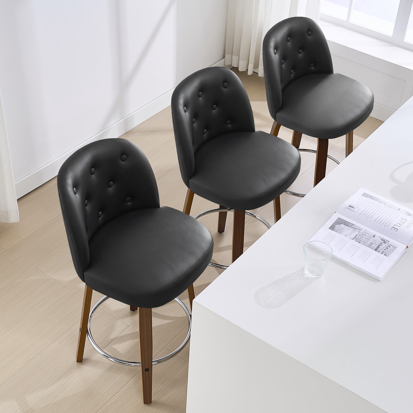 Foreate Swivel PU Bar Stools Set of 2, 26" Uholstered Leather with Button-tufted Mid-Back & Wood Legs, Modern Chair Kitchen Pub Island Counter Stool