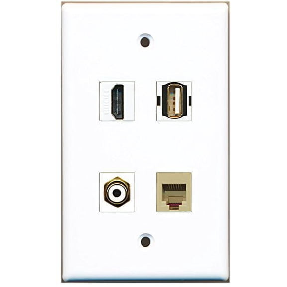 RiteAV - 1 Port HDMI 1 Port RCA White 1 Port USB A-A 1 Port Phone RJ11 RJ12 Beige Wall Plate