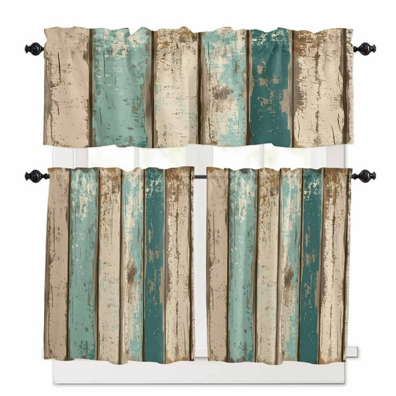 Farmhouse Teal Brown Kitchen Curtains and Valances Set, 3 Piece Kitchen Curtains Set 36 Inch Length, Vintage Retro Ombre Wooden Rod Pocket Curtains Tier Farmhouse Window Curtains