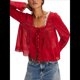thumbnail image 2 of Blusa Holgada de Larga con Lazo Frontal para Mujer, con Ribete de Encaje y Botones, Cuello Cuadrado, Ropa para Salir, Estilo Y2K. Vino Tinto L, 2 of 8
