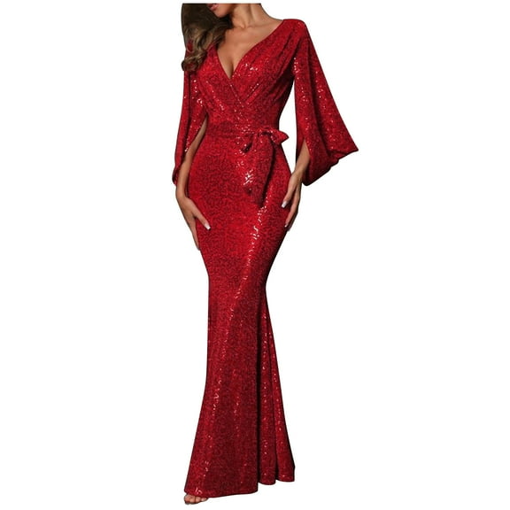 Lovskoo Wedding Guest Dresses for Women Evening Gown Trendy Casual V-Neck Solid Slim Sequin Dress Long Sleeved Cocktail Dresses 2023 Red