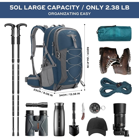 Hiking Backpack,Camping Backpack,50L Waterproof Hiking Daypack with Rain Cover,Lightweight Travel Backpack,Blue