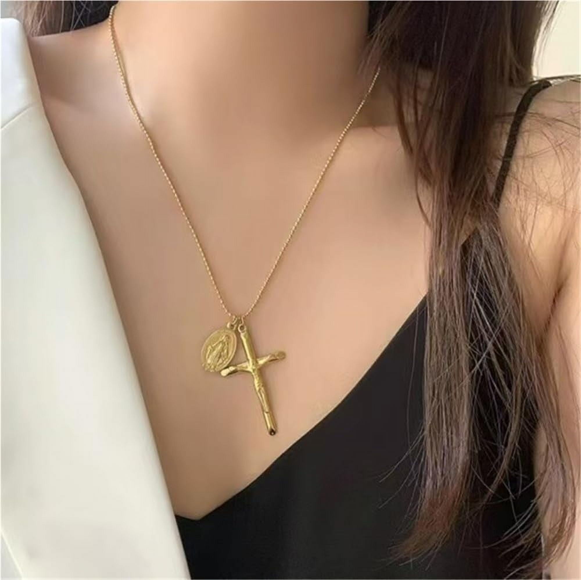Medal Mary and Crucifix Gold Plated Miraculous Medal Medallion Necklace Women