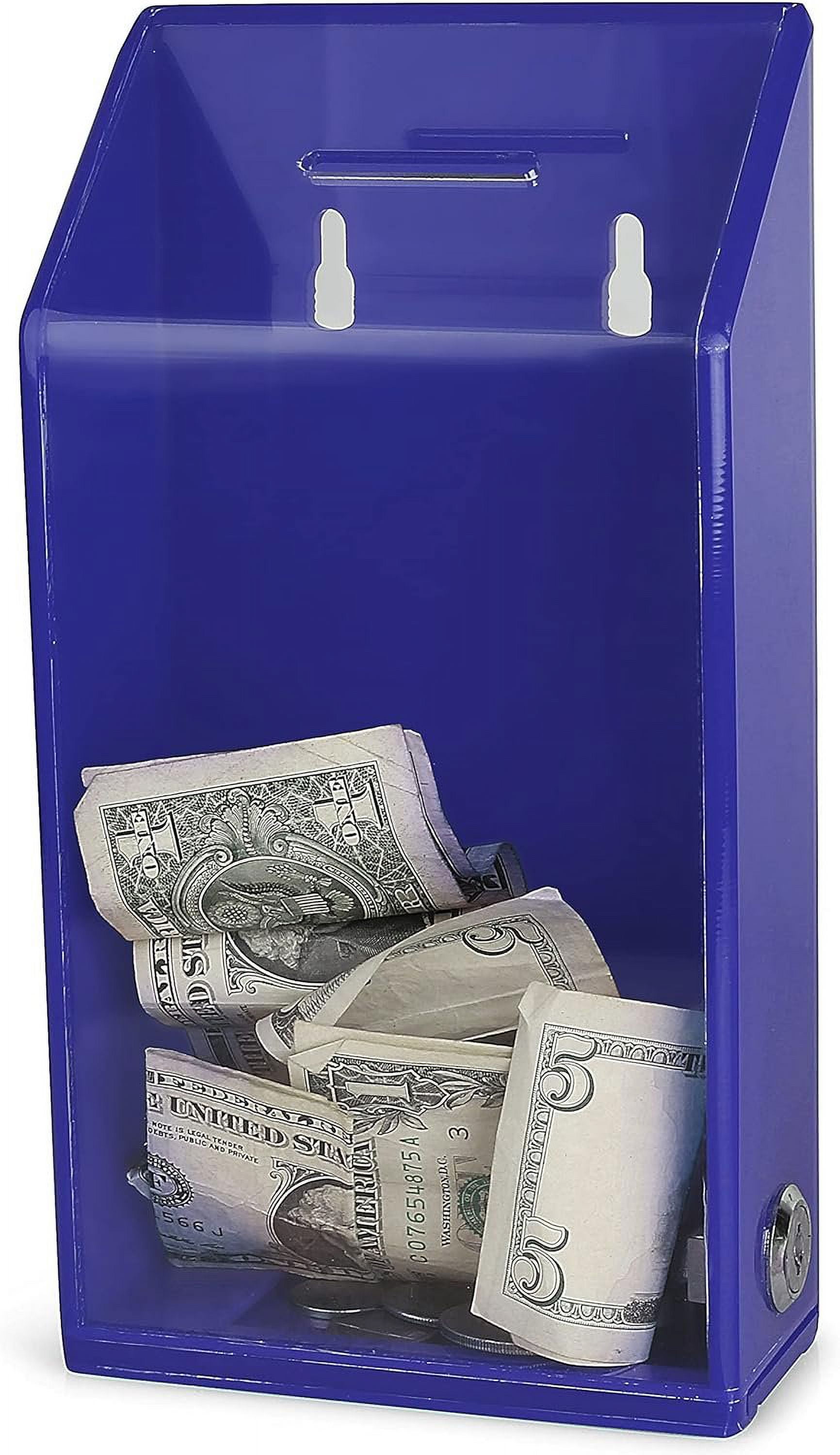 Rectangular Acrylic Donation Suggestion collection Box Pre Drilled Holes For Wall mounted Or Retail Countertop Tip Box with slant top 9.75 x 5 inches, Lock With set of keys Blue