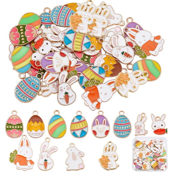 1 Box 48Pcs 12 Styles Easter Egg Charms Bunny Charms Bulk Enamel Rabbit Carrot Charm Cartoon Animals Charm