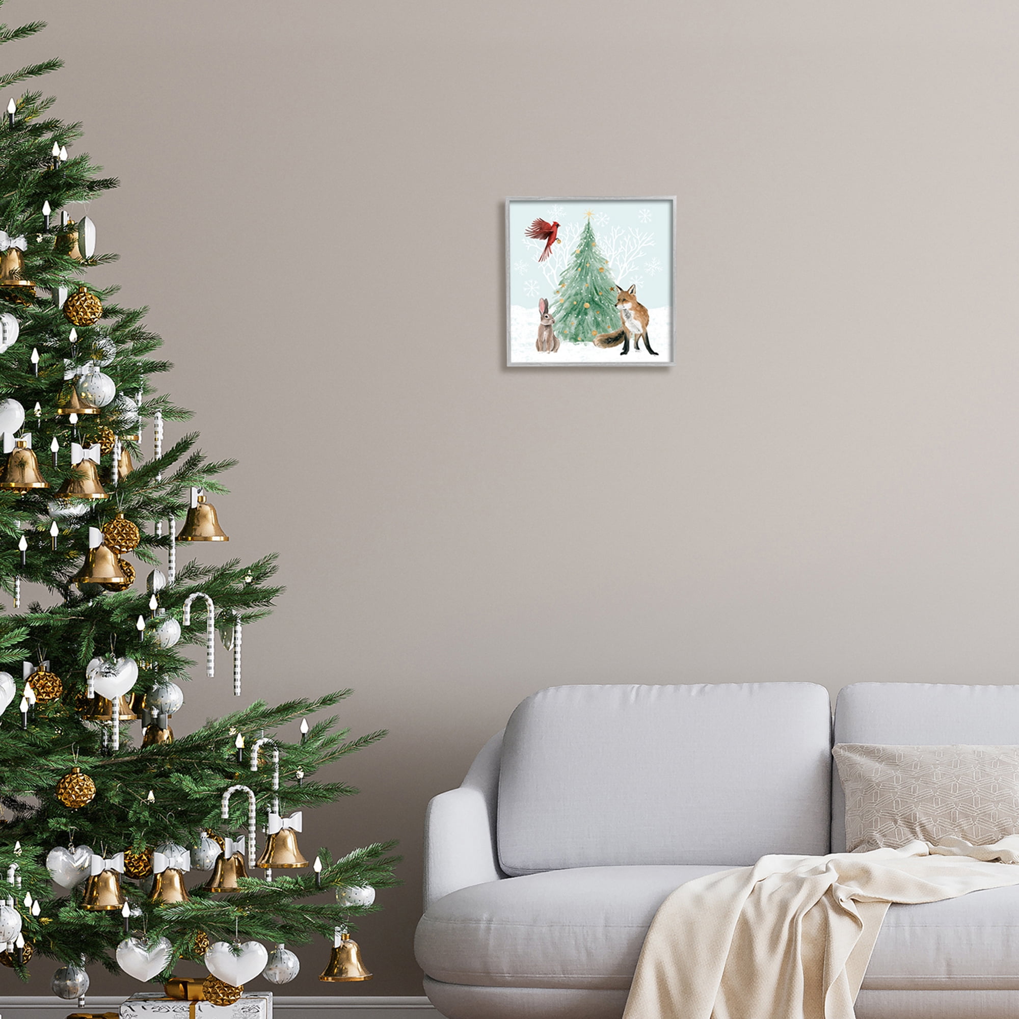 Wintery Wildlife Decorated Christmas Tree Snowflakes Animals & Insects Painting Framed Art Print Wall Art
