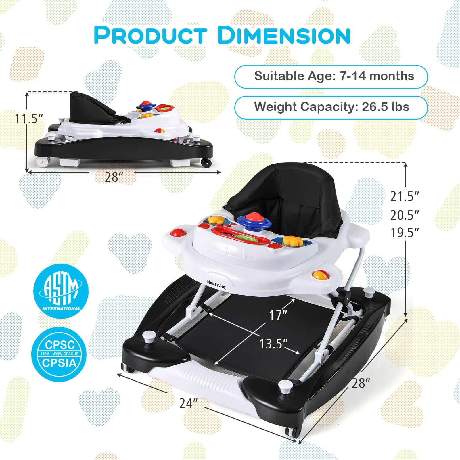 Costway 6 in 1 Baby Walker Adjustable Toddler Walker & Activity Center with Music Tray Black