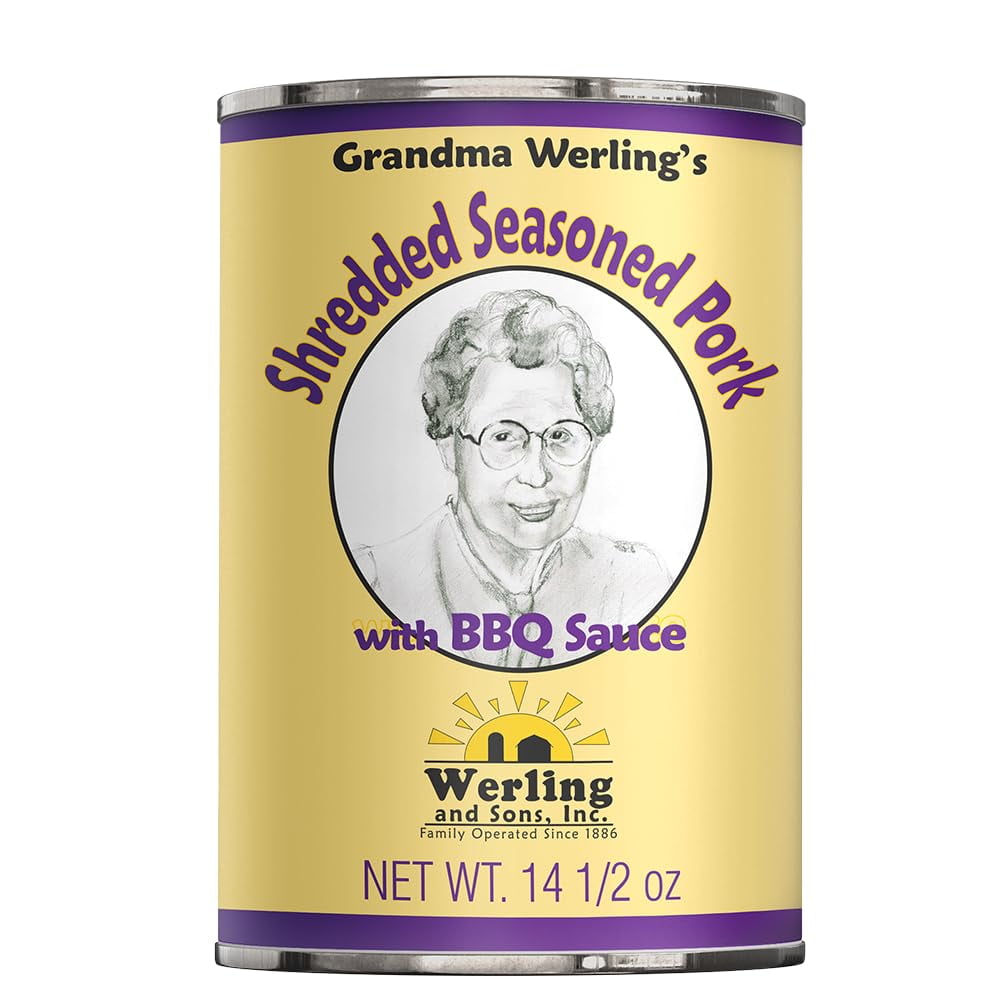(Pack of 6) Grandma Werling’s Shredded Seasoned Pork with BBQ Sauce 14.5 Oz Fully Cooked Heat & Serve Premium Canned Meat Shelf Stable for Emergency Food Storage, Survival & Quick Meals Canned Food