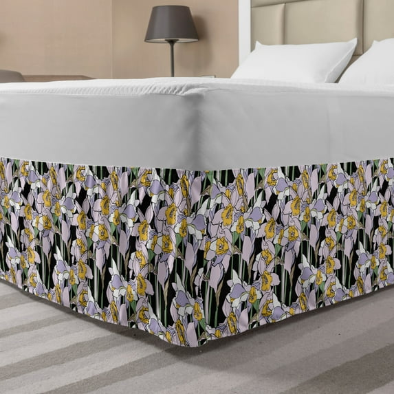 Floral Bed Skirt, Cartoon Style Detailed Flowers on a Dark Background, Elastic Bedskirt Dust Ruffle Wrap Around for Bedding Decor, 4 Sizes, Multicolor, by Ambesonne