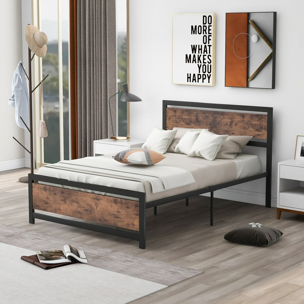 Black Full Bed Frame, Full Size Wood Platform Bed Frame with Headboard