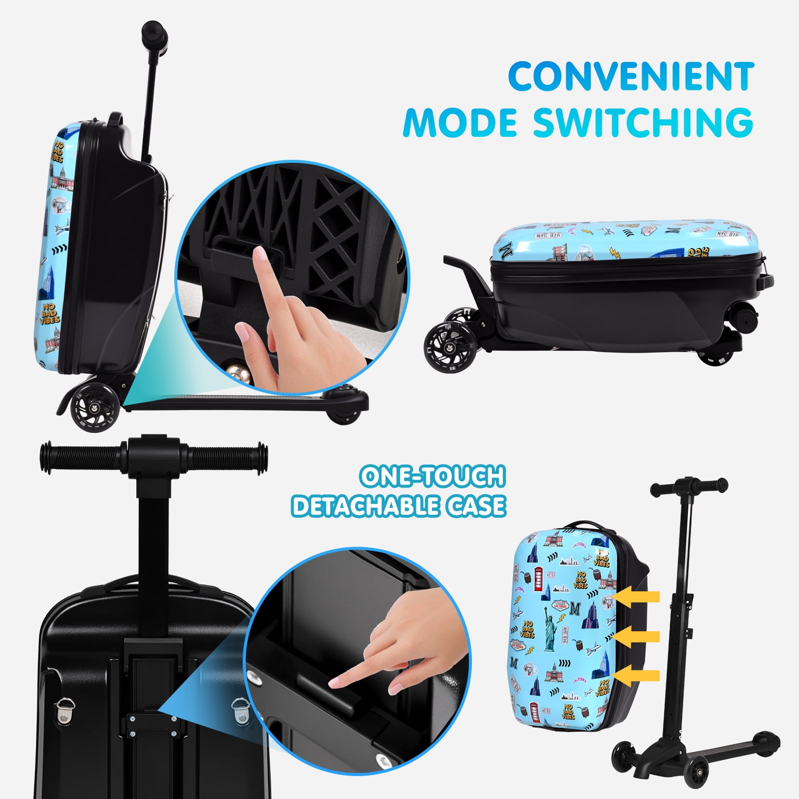 Advwin Kids Scooter Luggage with LED Wheels, 4-in-1 Detachable Foldable Ride-On Suitcase, Travel Landmark Design Hardside Carry-On Travel Luggage, Convertible Backpack, Blue