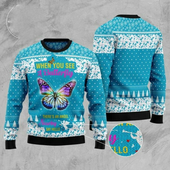 Butterfly Nearby Say Hello Ugly Christmas Sweater, Christmas Sweater, Ugly Sweater, Funny Xmas Sweaters