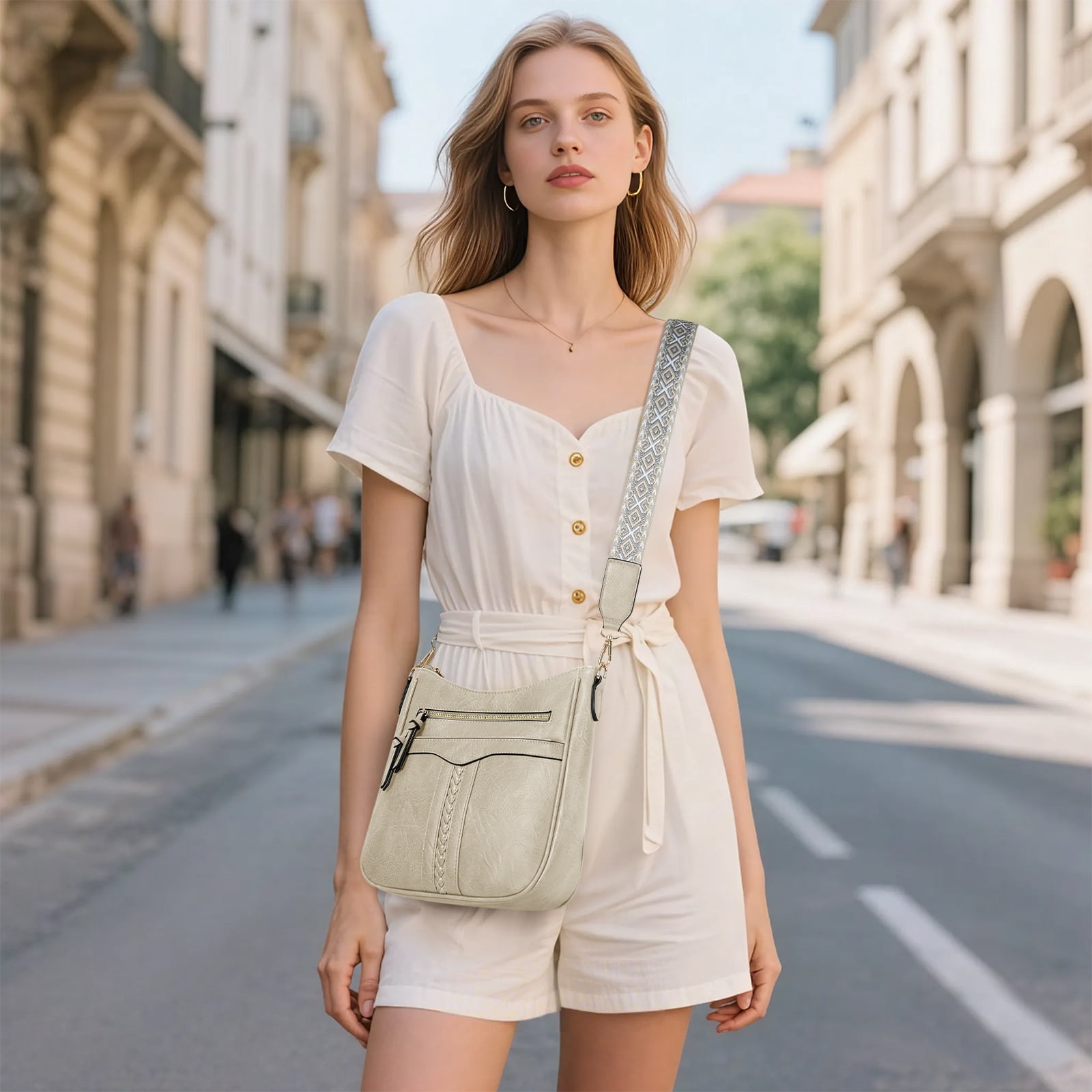 RAINSMORE Crossbody Bags for Women Leather Shoulder Handbags Trendy Crossbody Purses Soft Lightweight Travel Purse,Beige
