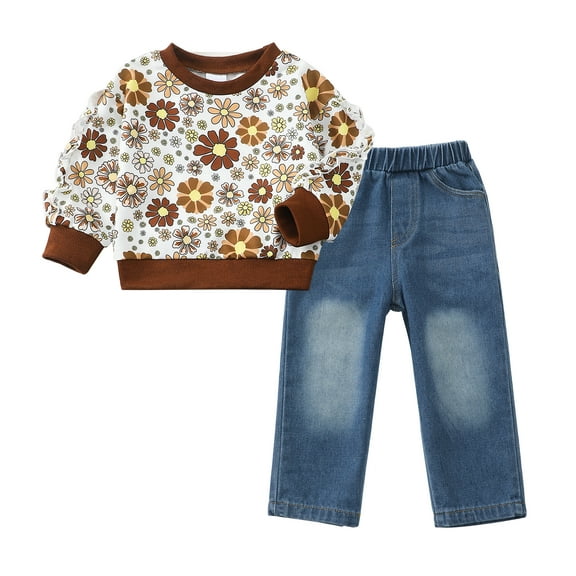 5T Kids Girls Clothes 6 Years Girls Fall Winter Pant Set Little Girls Long Sleeve Round Neckline Floral Top Jeans Pants 2PCS Outfits Set Brown