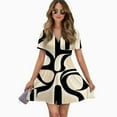 thumbnail image 2 of Abstract Beige Black Art Design Women Dress V-Neck Short Sleeve Flowy Swing Party Midi Dress, 2 of 4