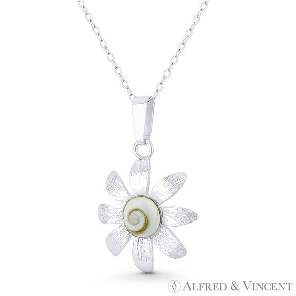 8-Petal Daisy Flower Charm Faux Seashell 29x19mm (1.1x0.75in) Pendant & Chain Necklace in .925 Sterling Silver