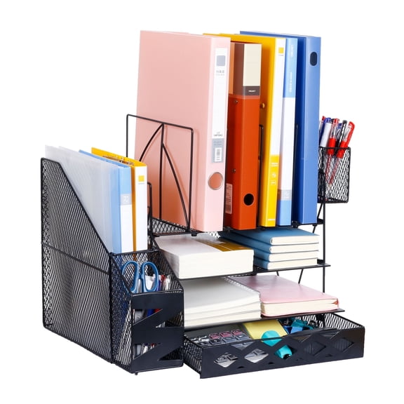 TACYKIBD Desk Organizer with File Holder,Mesh File Organizer for Desktop, Large Black Office Supplies Desk Organizer with Drawers, Binder Desk Paper Organizers and Accessories with Vertical File Hol