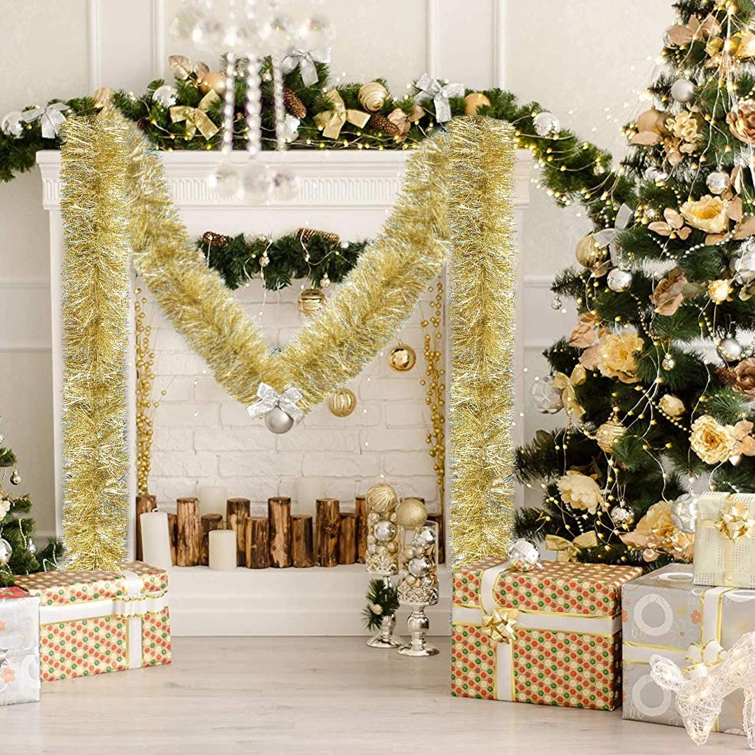 MXJFYY Christmas Decorations 5M Foil Tinsel Garland Decorations for Wedding Birthday Halloween Thanksgiving New Year Party Tinsel Garland Christmas Tree Decorations Golden