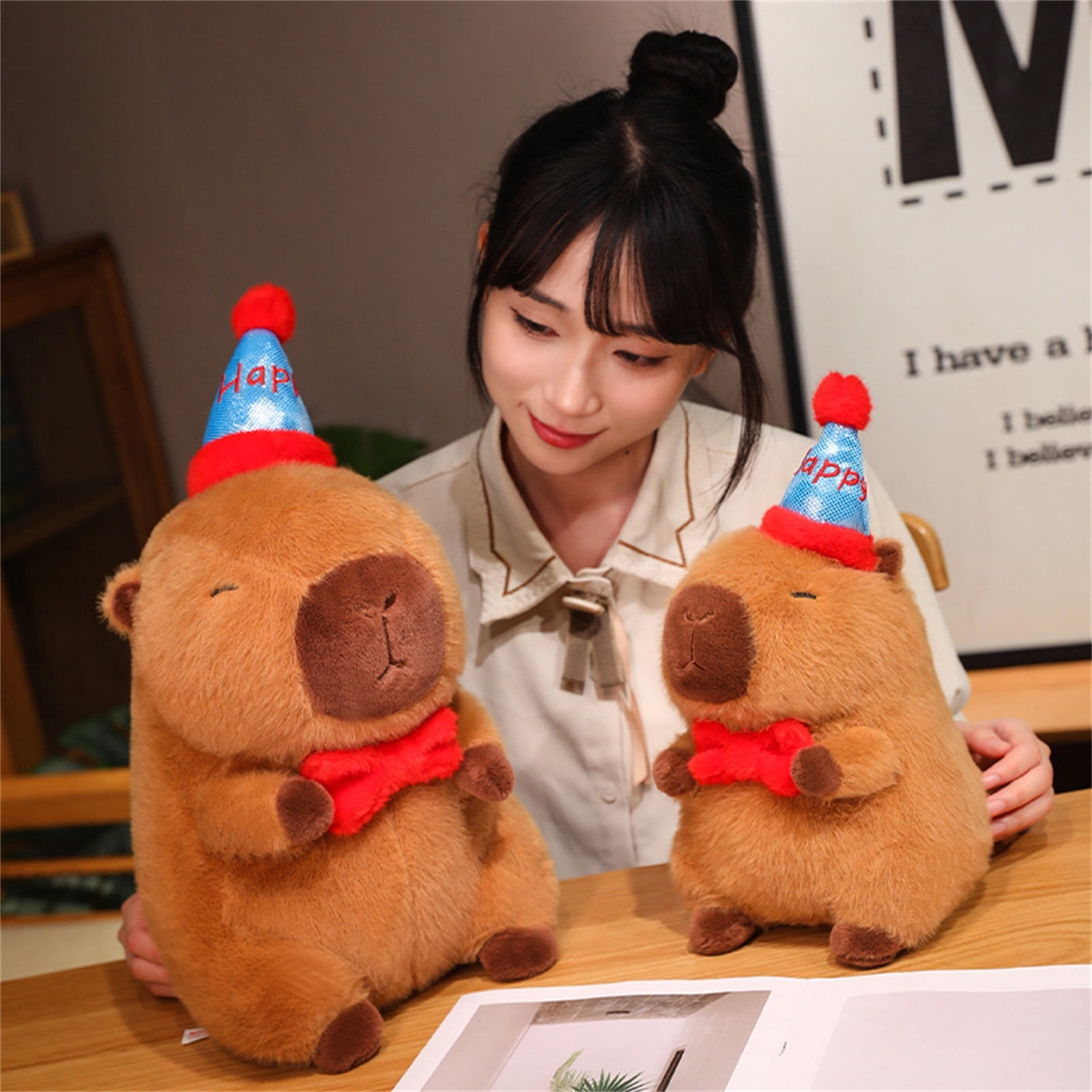 21.6" Capybara Plushies Toy - Wearing A "Happy" Hat - Cuddly Soft Huggable Stuffed Animals Plush Pillows, Birthday Chirstmas Graduation Back to School Perfect Gifts for Women Teens & Fans
