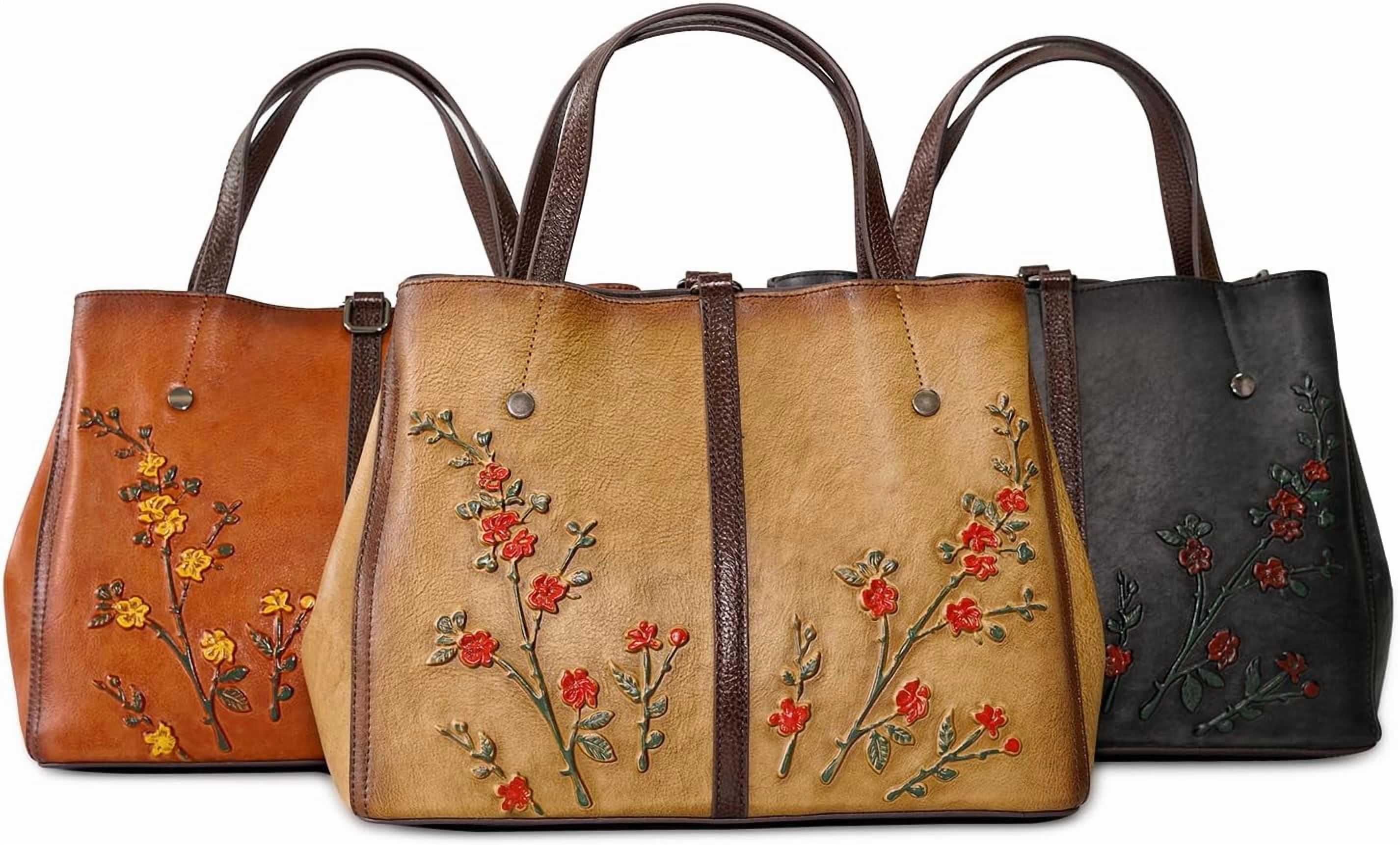 Kwuty Leather Satchel for Women Top Handle Bags Handmade Purse Vintage Embossed Leather Crossbody Handbags Hobo Bag