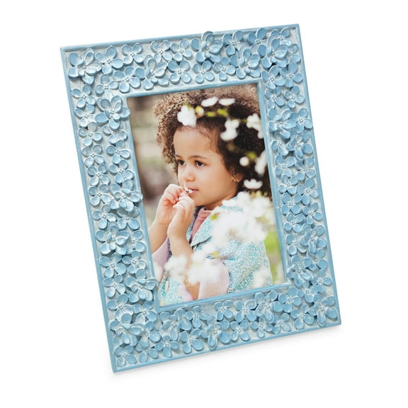 Isaac Jacobs 4x6 Blue Flower Textured Hand-Crafted Resin Picture Frame w/Easel & Hook for Tabletop & Wall Display, Decorative Floral Design Home Décor, Photo Gallery, Art (4x6, Blue)