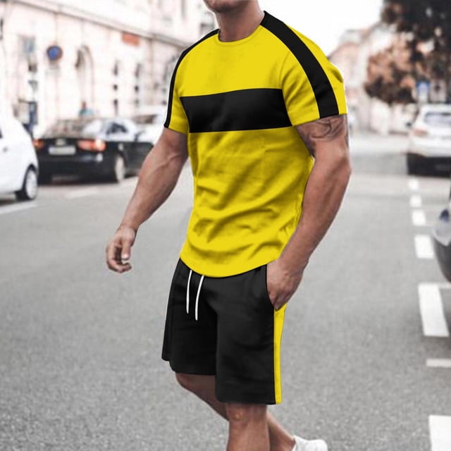 NTACZA Men's Shorts Set Crew Neck Short Sleeve Tracksuits Athletic Color Block Sweatsuits for Men S
