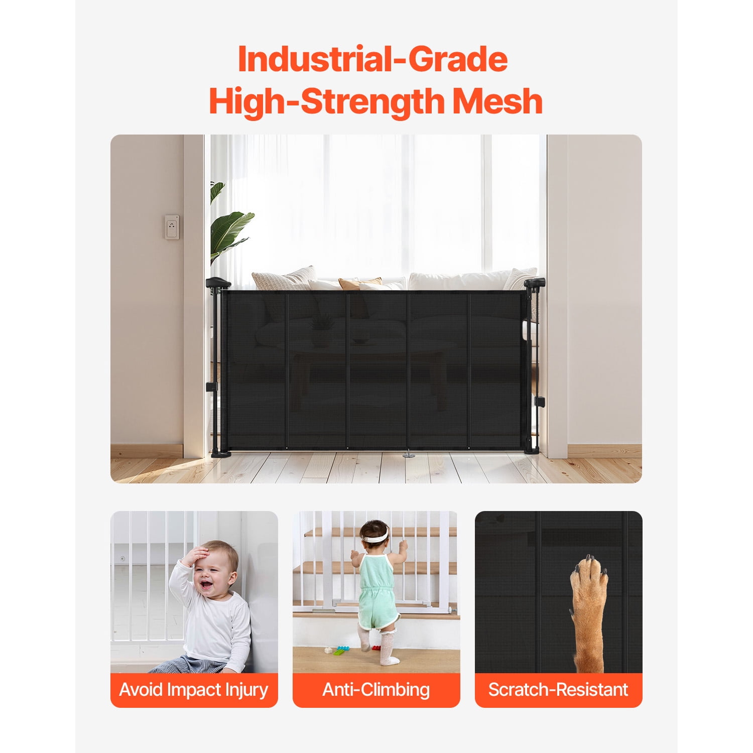 KFFKFF Retractable Baby Gate, 34 inches High, Expands up to 55 inches Wide, Mesh Barrier for Children or Pets, Simple Installation for Stairs, Doorways, Hallways, and Play Areas, Black