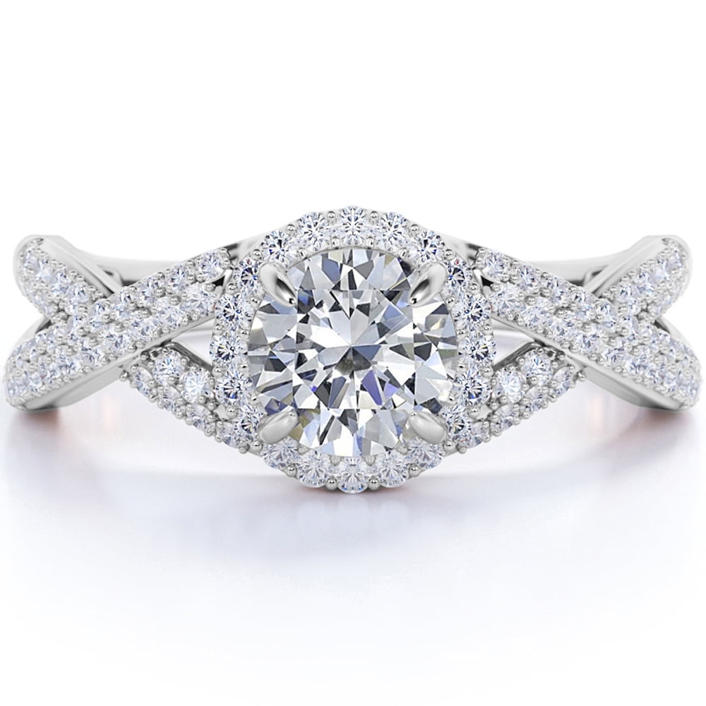 JeenMata 1 Carat Round Cut Moissanite Wedding Ring in 18k White Gold Over Silver