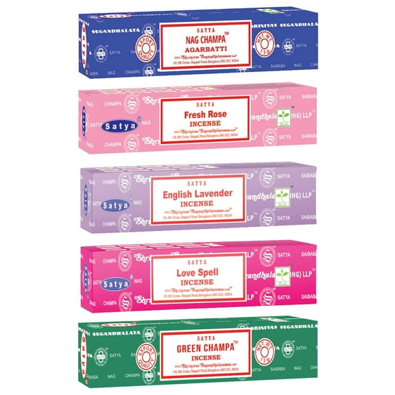 Romance Set 5 Packs Satya Nag Champa Incense Stick Packs - Hand Rolled & Non-Toxic - Total 75 Sticks | Home Fragrance Gift Pack 15g (Assorted Pack)