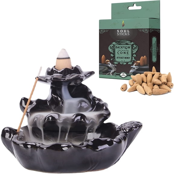 Soul Sticks Temple Backflow Cone Burner and Attract Money Back flow Incense Cones Combination Set