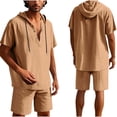 thumbnail image 1 of Conjunto de Pantalones Cortos para Hombre 2 Piezas Outfits Color Sólido Botón Cordón de Lino Camiseta con Capucha Y Pantalones Cortos de Playa, 1 of 9