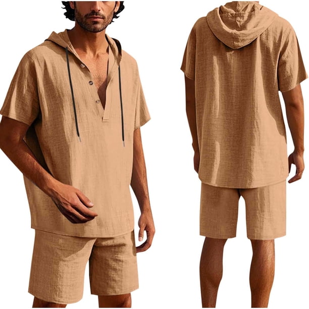 Conjunto de Pantalones Cortos para Hombre 2 Piezas Outfits Color Sólido Botón Cordón de Lino Camiseta con Capucha Y Pantalones Cortos de Playa
