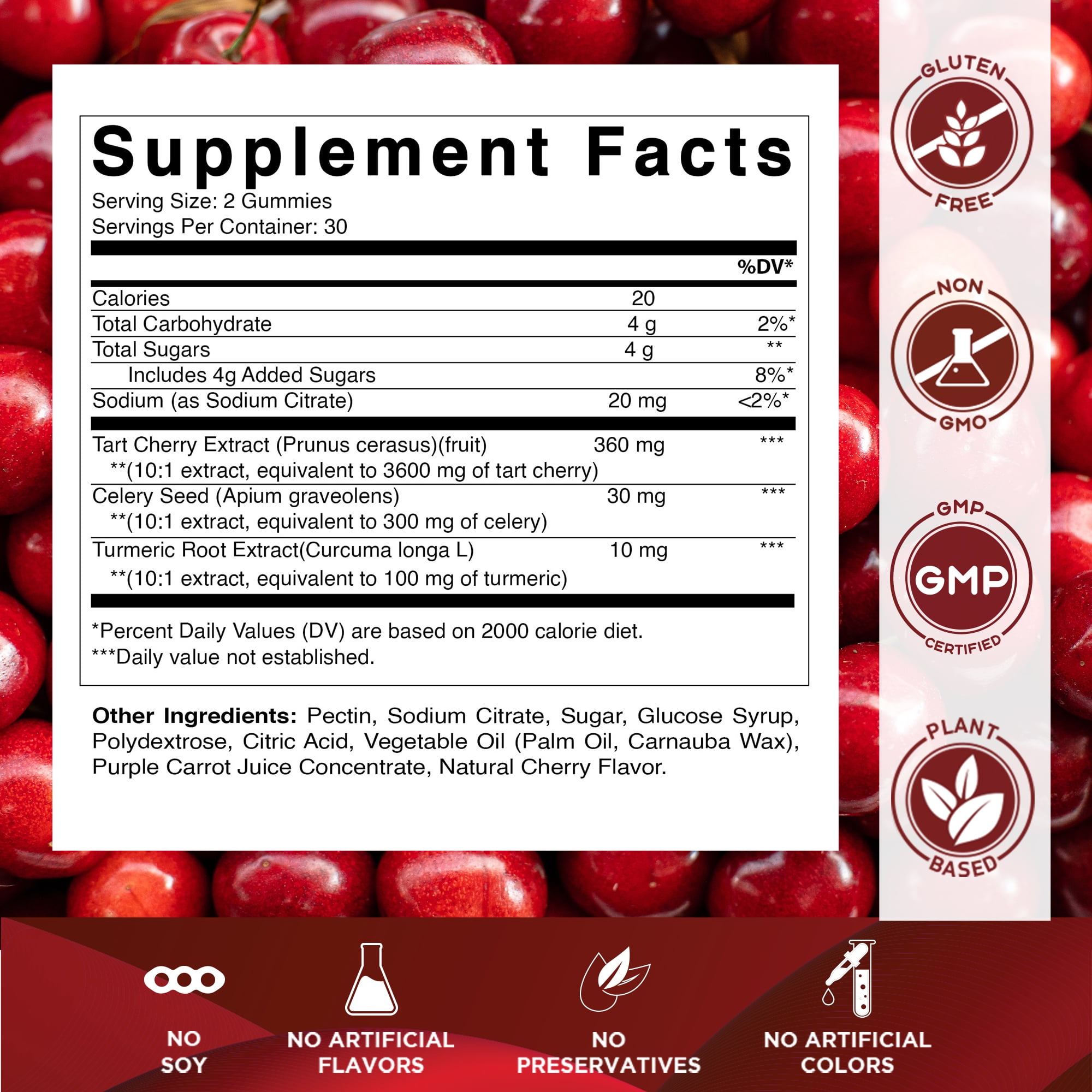 (3 pack) VVitamatic Tart Cherry (360 mg) with Celery Seed (30 mg) 10:1 Extract & Turmeric 20:1 Extract (10 mg) - (Per Serving/2 Gummies) - 60 Gummies