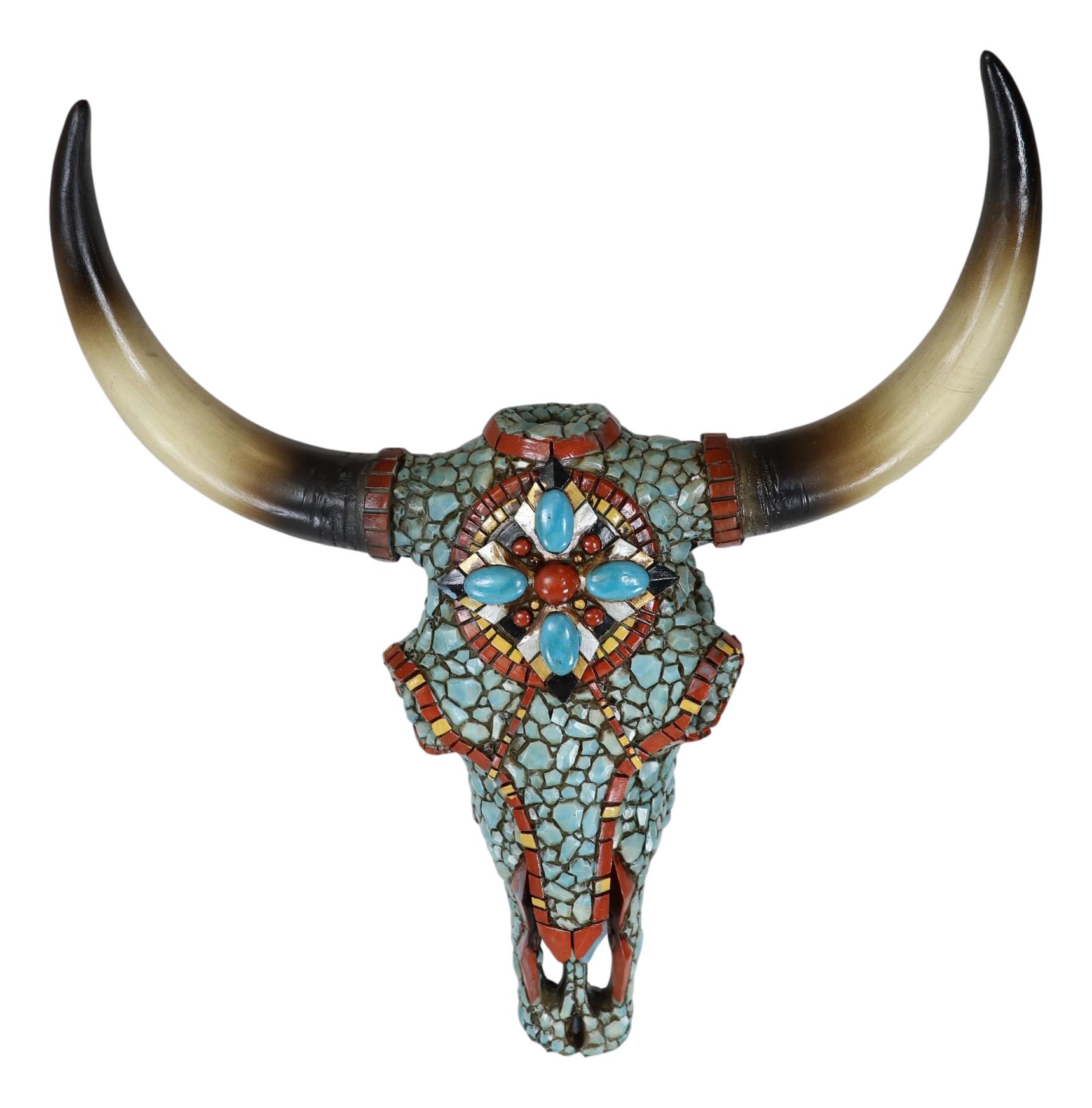 Large Western Steer Cow Skull With Mosaic Turquoise Stones And Beads Wall Decor - image 3 of 6