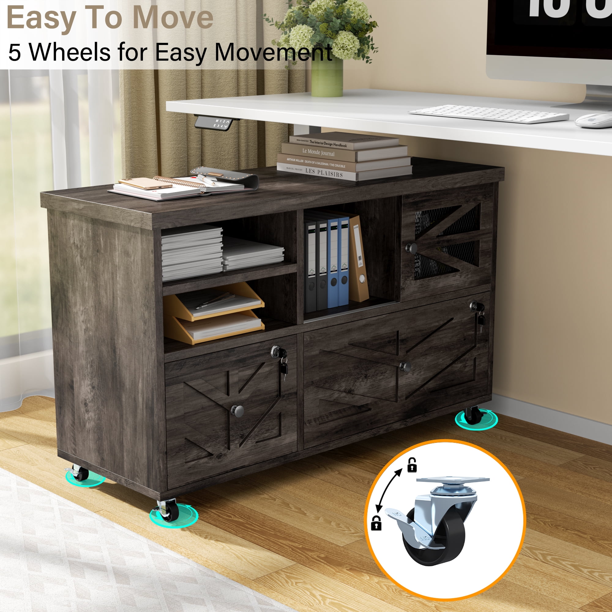File Cabinet with 2 Lockable Drawers, ETASE Farmhouse Filing Cabinet with Sliding Door and Storage Shelf, Print Stand for A4/Letter, Storage Cabinet for Home Office, Gray