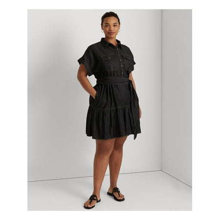 LAUREN RALPH LAUREN Womens Black Pocketed Belted Button Up Tiered Flounce Hem Short Sleeve Point Collar Short Shirt Dress Plus 14W