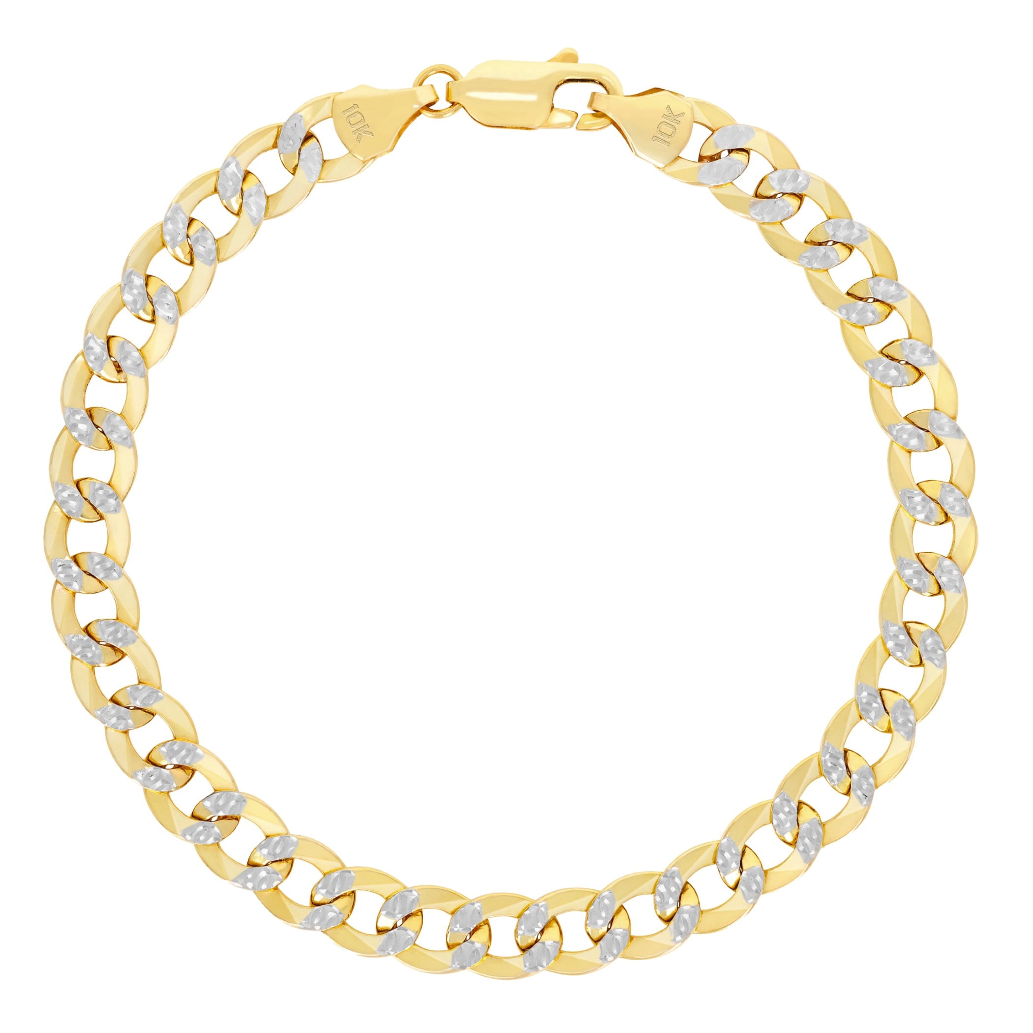 Nuragold 10k Real Yellow Gold Cuban Curb Link 6.5mm Diamond Cut Pave Chain Bracelet (7"-9") Two Tone Italian Jewelry for Men