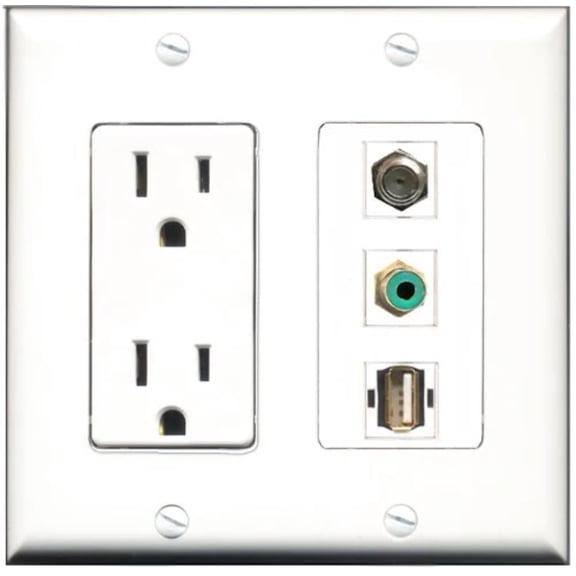 RiteAV - 15 Amp Power Outlet 1 Port RCA Green 1 Port Coax 1 Port USB A-A Decorative Wall Plate